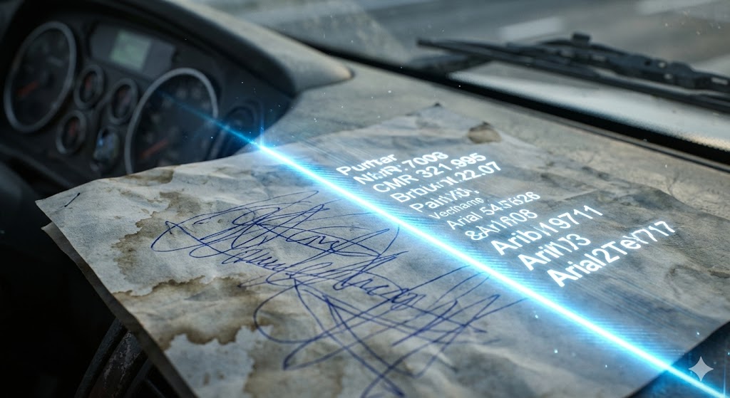 Close-up of a dirty, crumpled delivery document on a vehicle dashboard being scanned by a blue digital laser, illustrating AI handwriting recognition of messy driver scribbles
